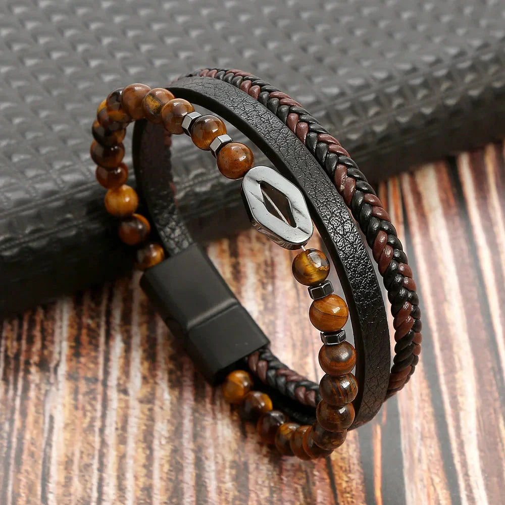 Men's Tiger Eye ID Bracelet Brown Leather and Metal