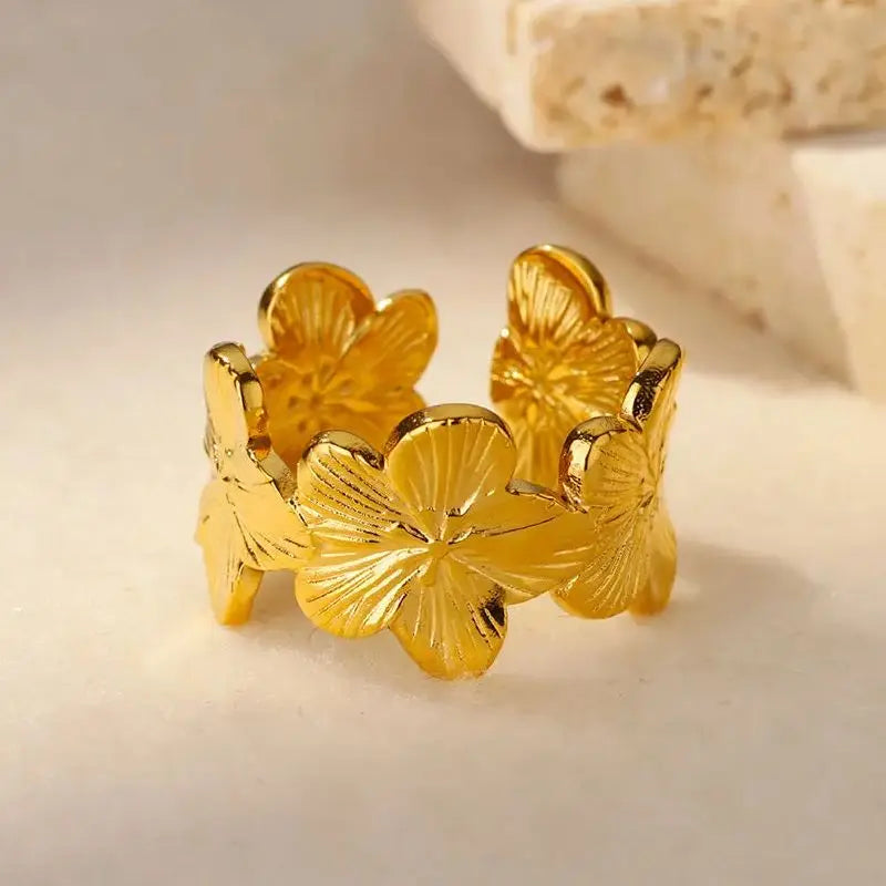 Large Ring with 5-Petal Golden Flowers
