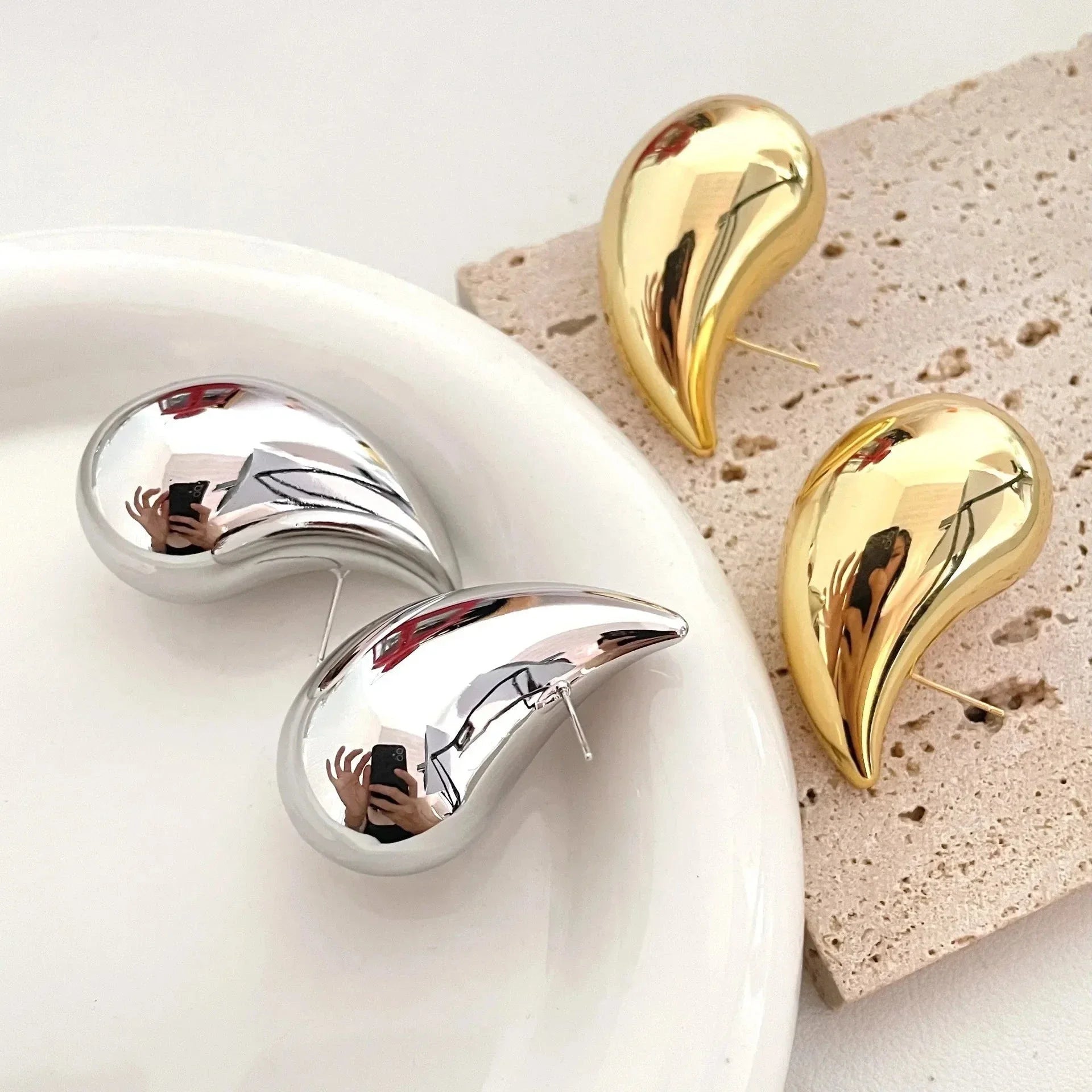 Large Silver Water Drop Stud Earrings