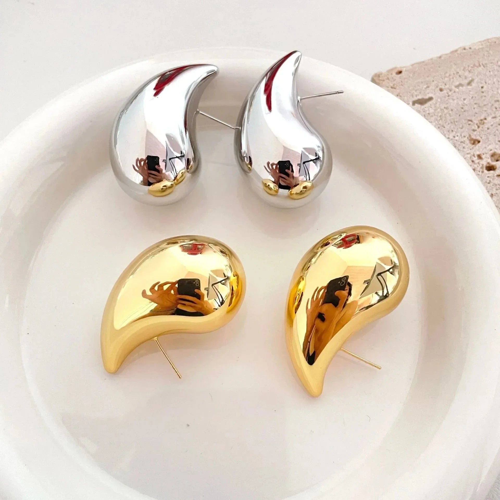 Large Silver Water Drop Stud Earrings