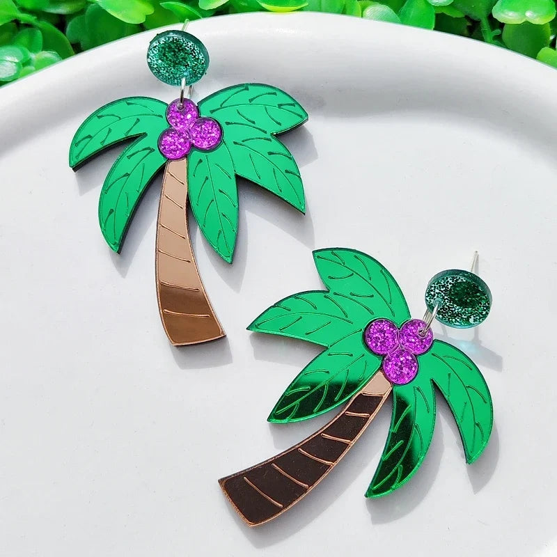 Large colorful green palm earrings