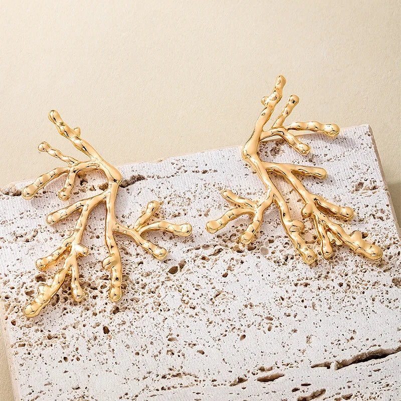 Large coral earrings for women in gold