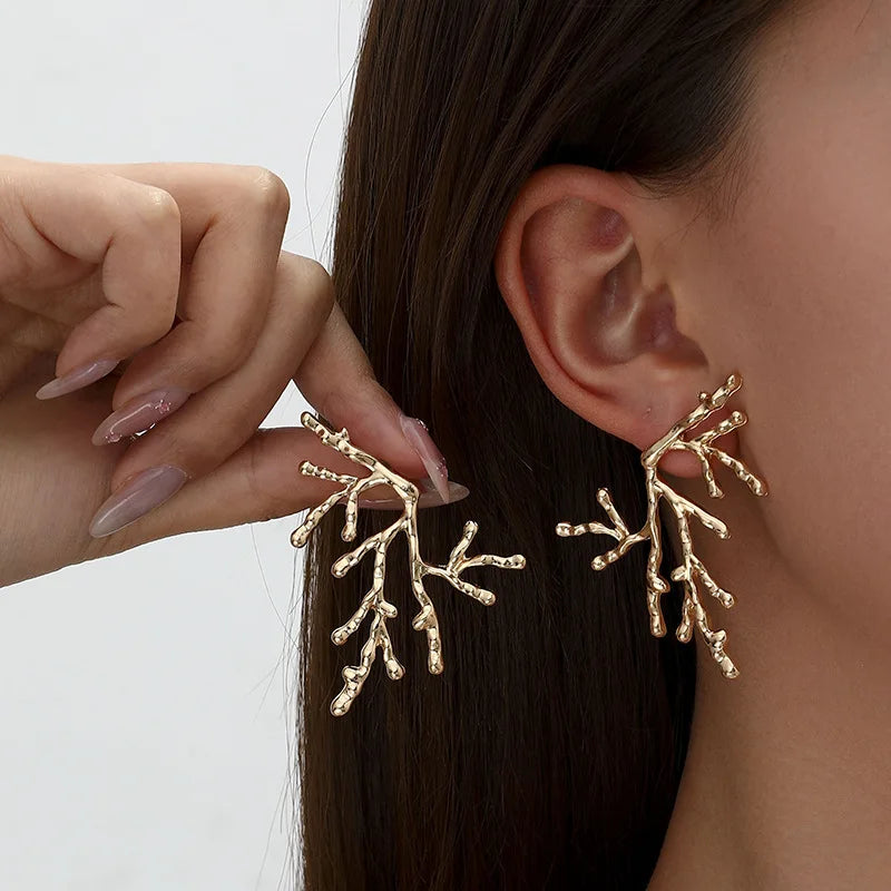 Large coral earrings for women in gold