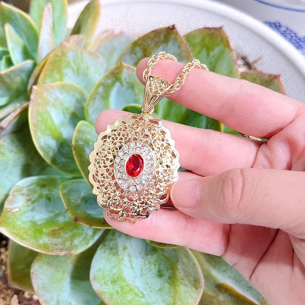 Long necklace with traditional Arabic red gold-tone pendant