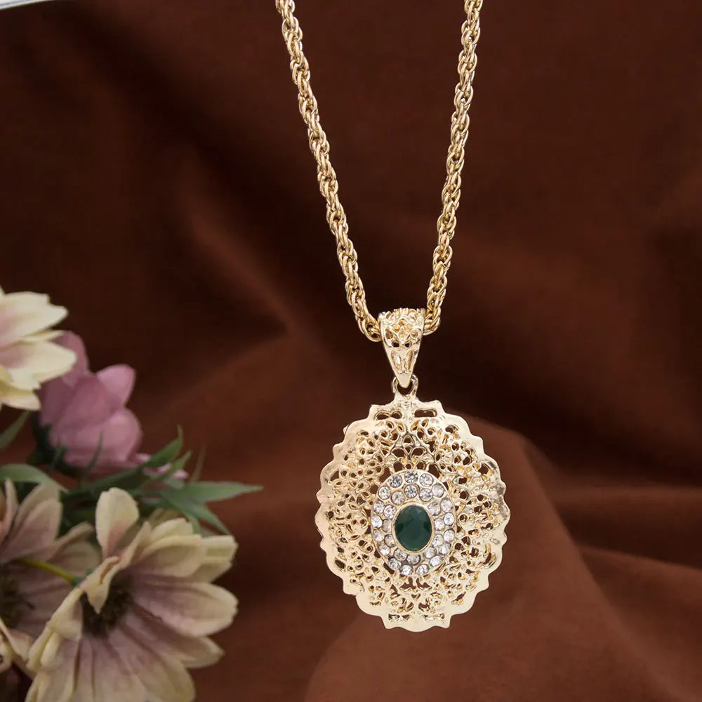 Long necklace with traditional Arabic green gold-tone pendant