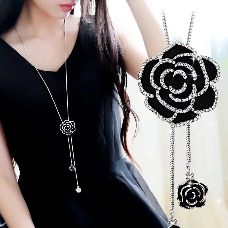 Long Necklace Pendant Large Black Flower