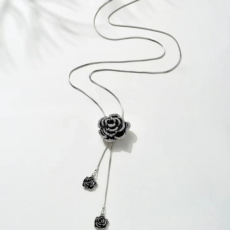 Long Necklace Pendant Large Black Flower