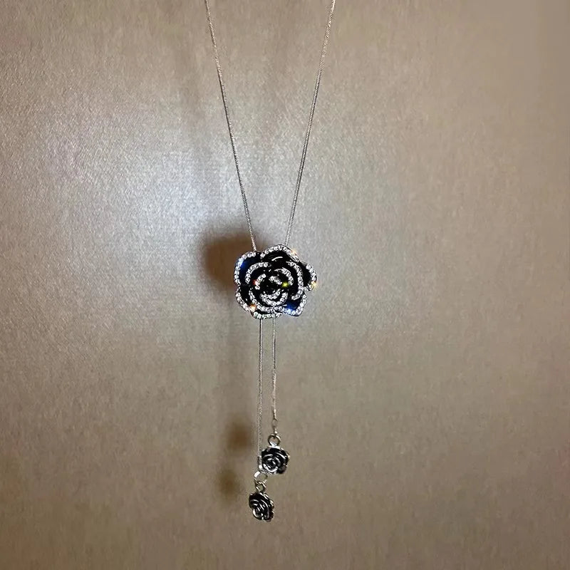 Long Necklace Pendant Large Black Flower