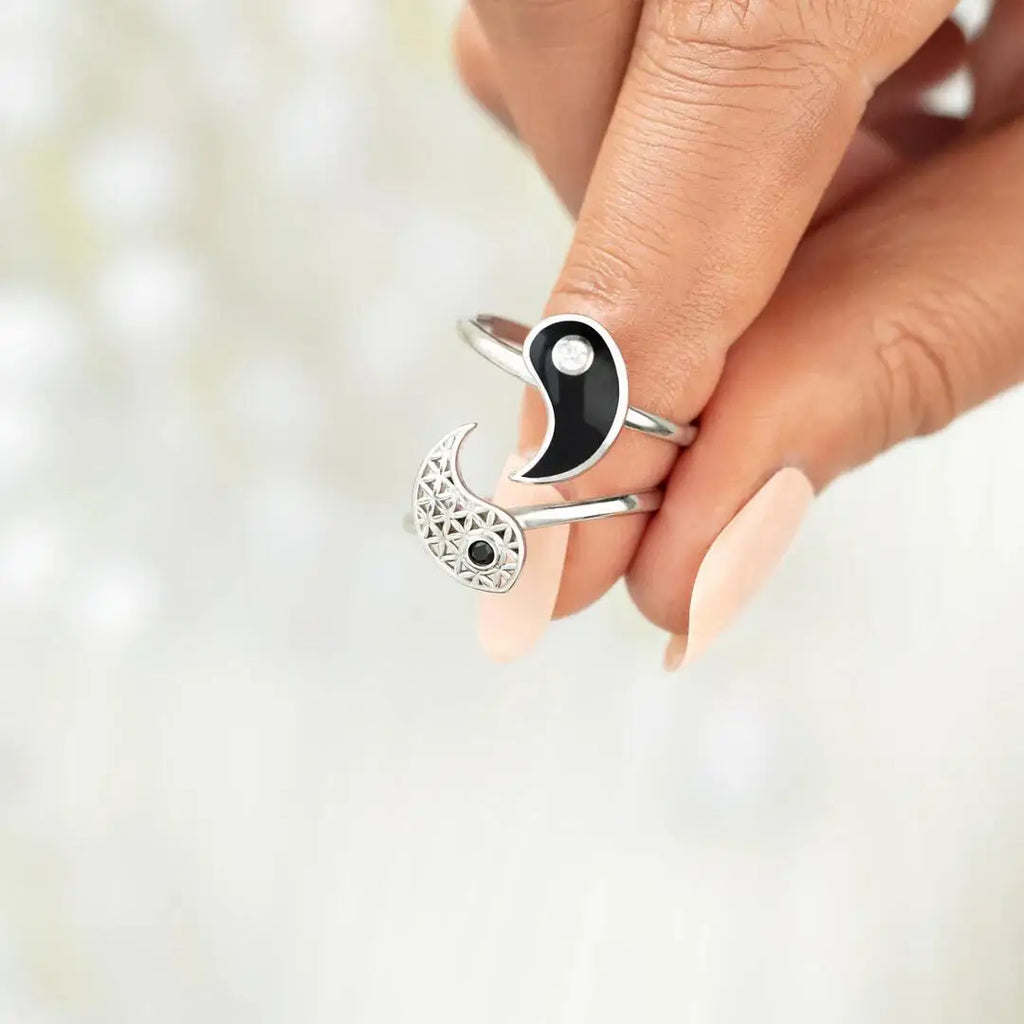Set of 2 Yin Yang Rings with Zircon