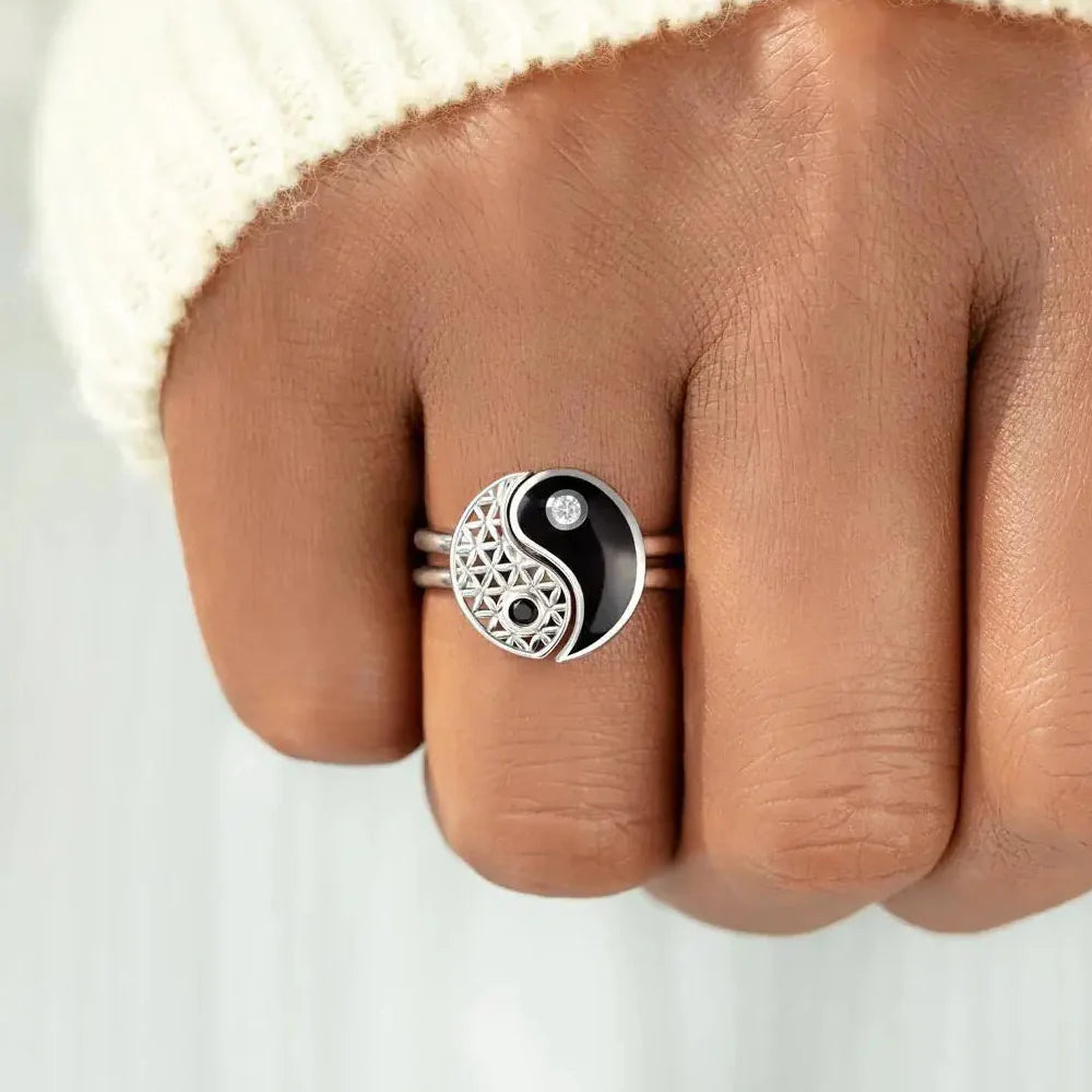 Set of 2 Yin Yang Rings with Zircon