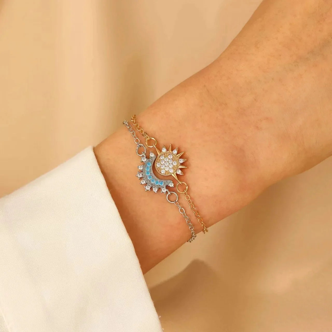 Set of 2 Moon or Sun Zircon Bracelets for Couples