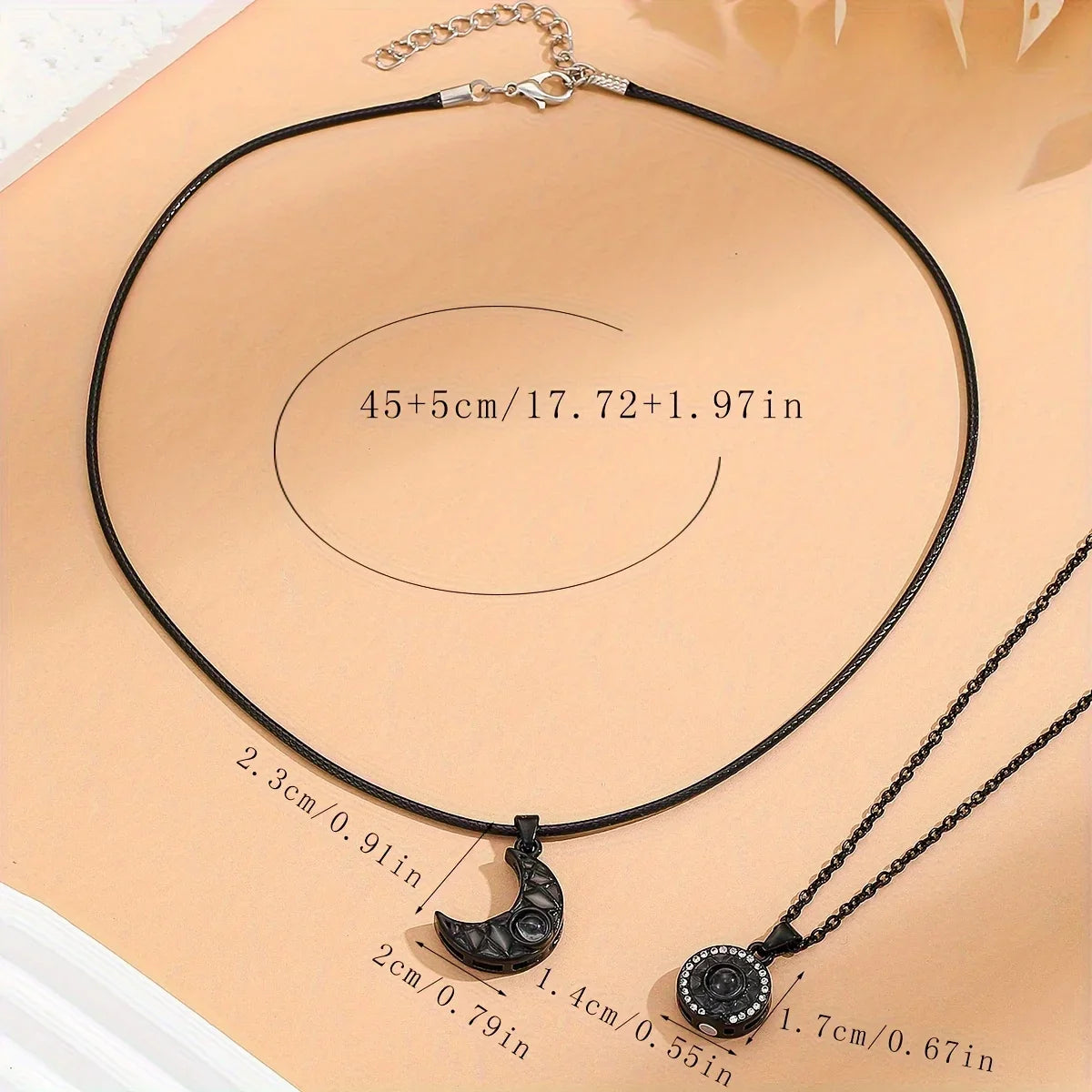 Set of 2 Necklaces with Glowing Moon or Sun Pendant for Couples