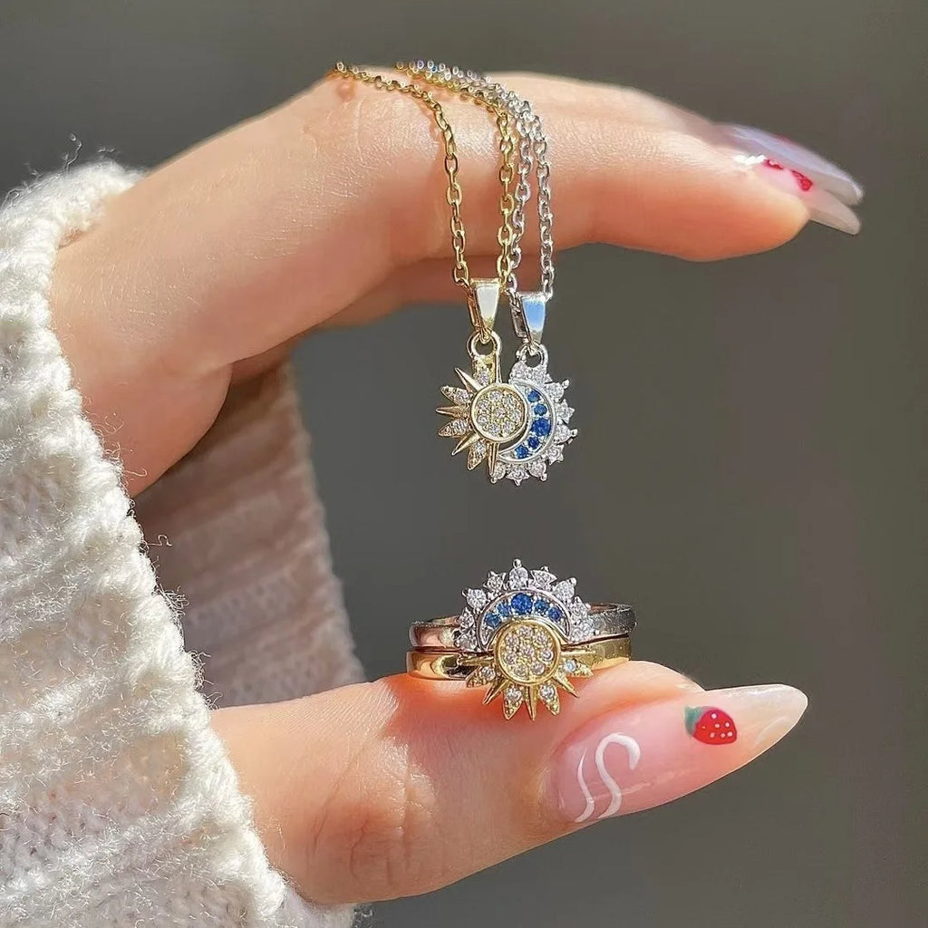 Set of 2 Necklaces with Moon or Sun Zircon Pendant for Couple gold and silver