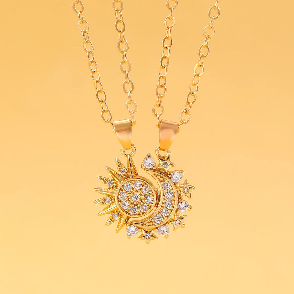 Set of 2 Necklaces with Moon or Sun Zircon Pendant for Couple gold