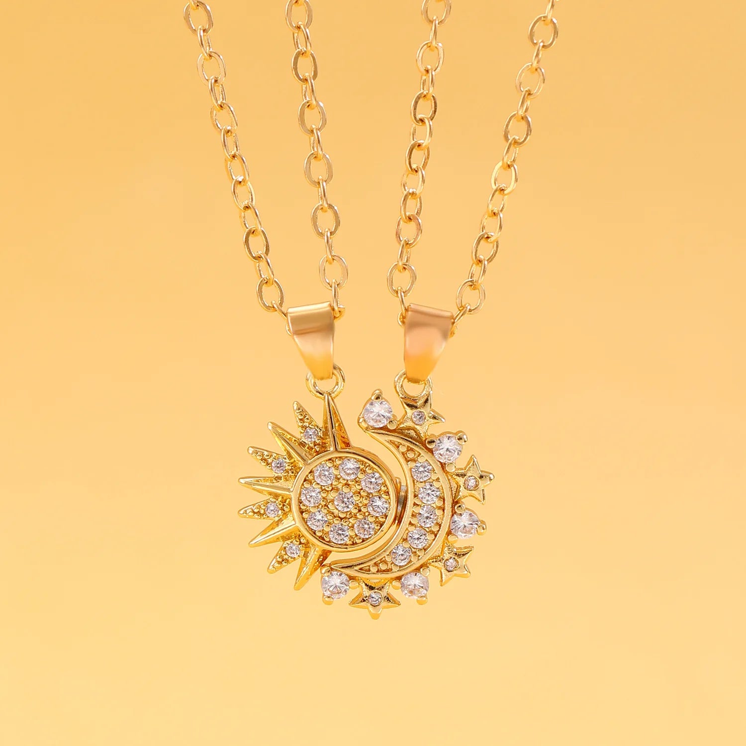 Set of 2 Necklaces with Moon or Sun Zircon Pendant for Couple gold