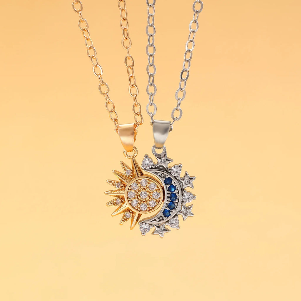 Set of 2 Necklaces with Moon or Sun Zircon Pendant for Couple gold and silver
