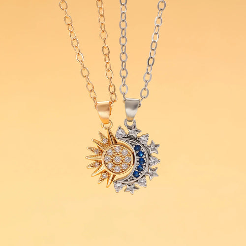 Set of 2 Necklaces with Moon or Sun Zircon Pendant for Couple gold and silver