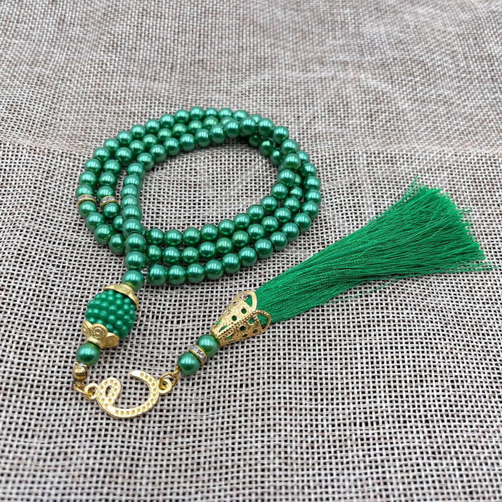Misbaha 99 Beads - Islamic Prayer Beads with Green Tassel
