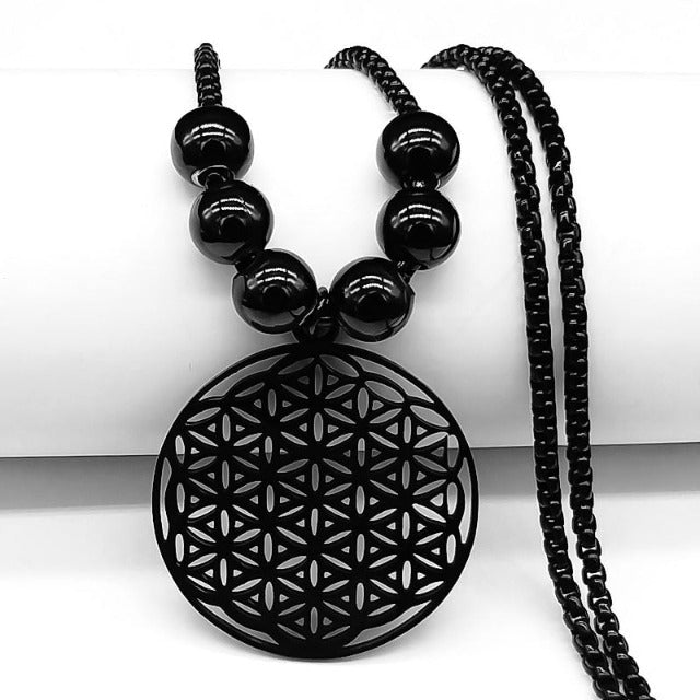 Flower of Life Pendant Beads Mandala Necklace Men Women Dawapara Black