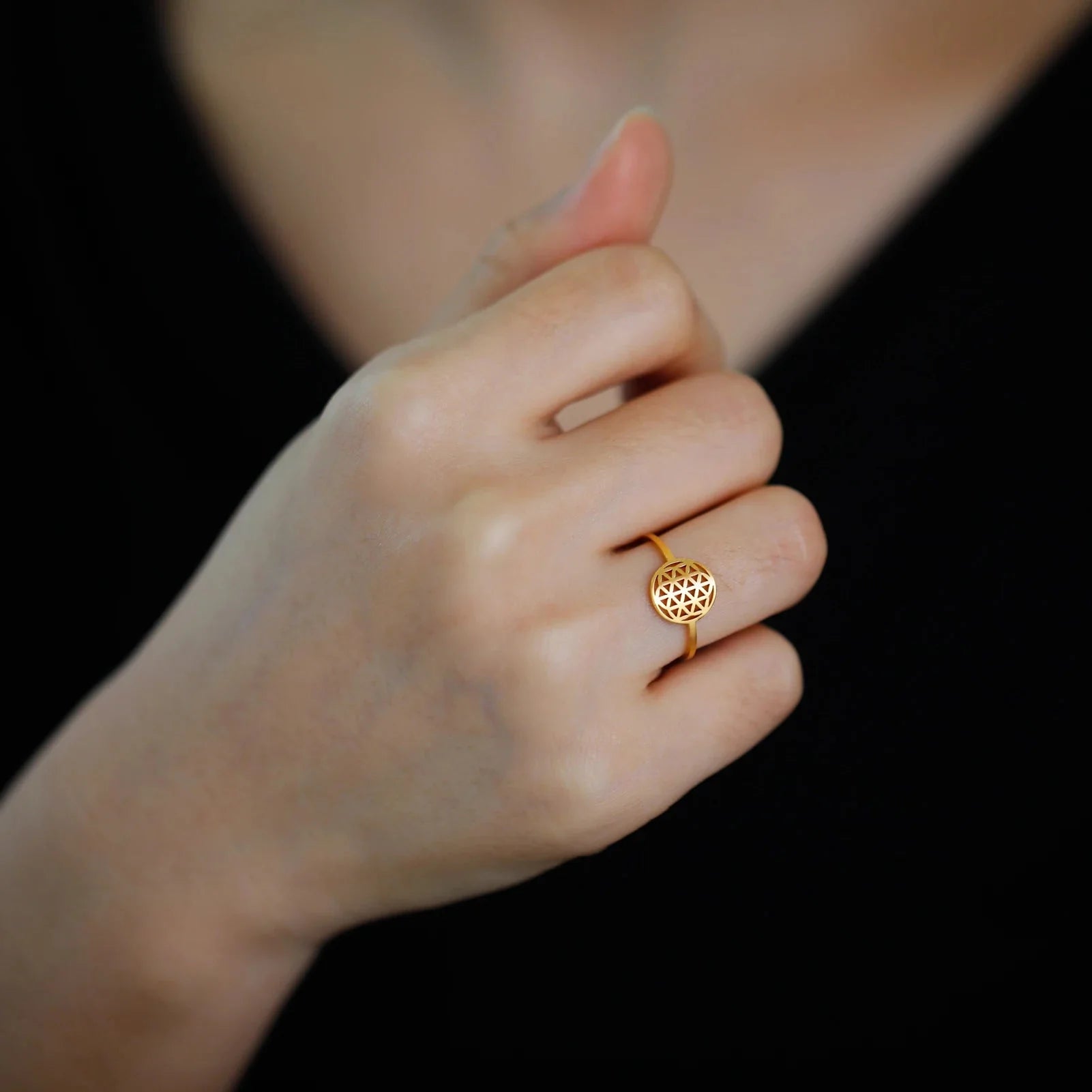 Small Flower of Life Ring for Women Gold