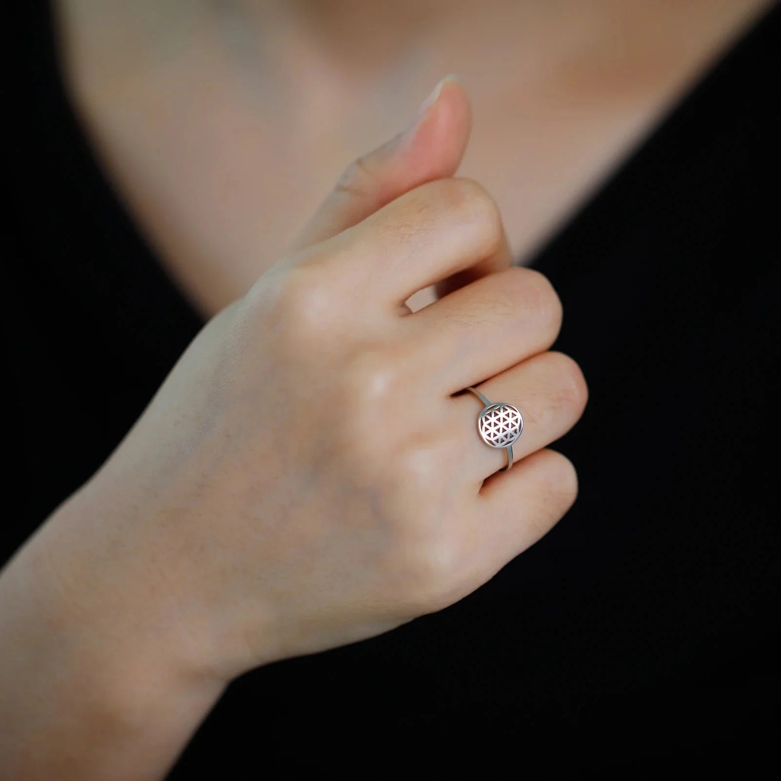 Small Flower of Life Ring for Women Silver
