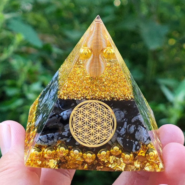 Orgonite Pyramid Protection & Meditation gold flower of life