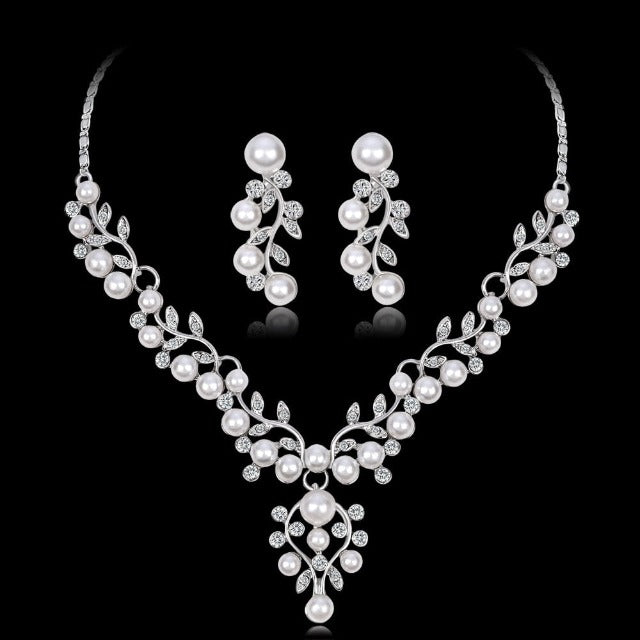 Set Wedding Necklace and Earrings with Pearl Jewelry Set