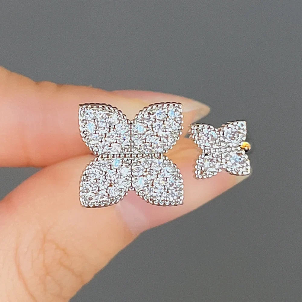 Set of 2 Flower Ring Bands in Silver Zircon